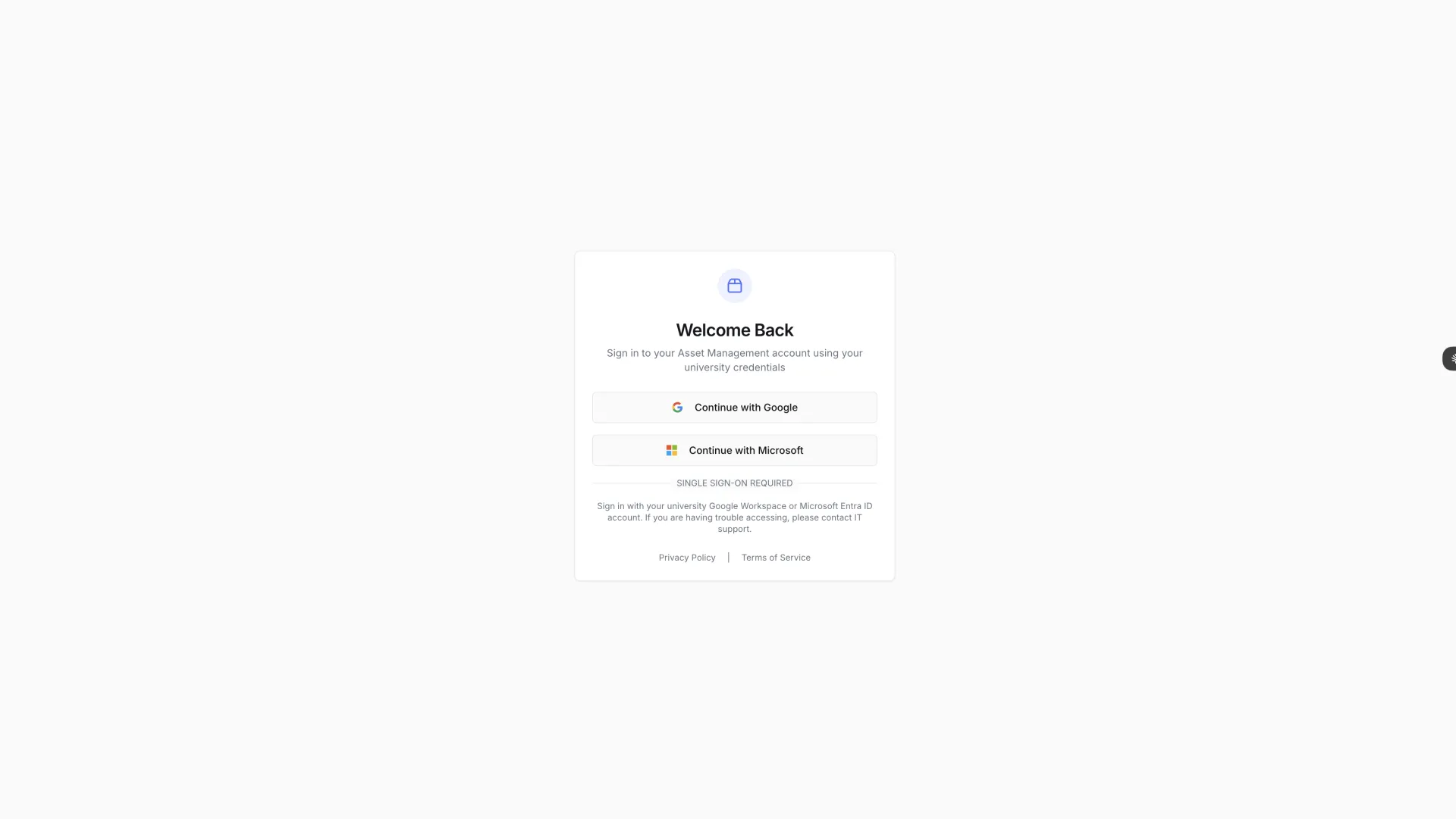 University asset management system secure login with enterprise SSO