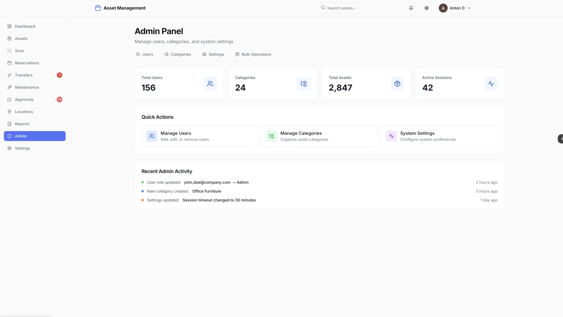 Administrative controls for asset categories, departments, and user permissions