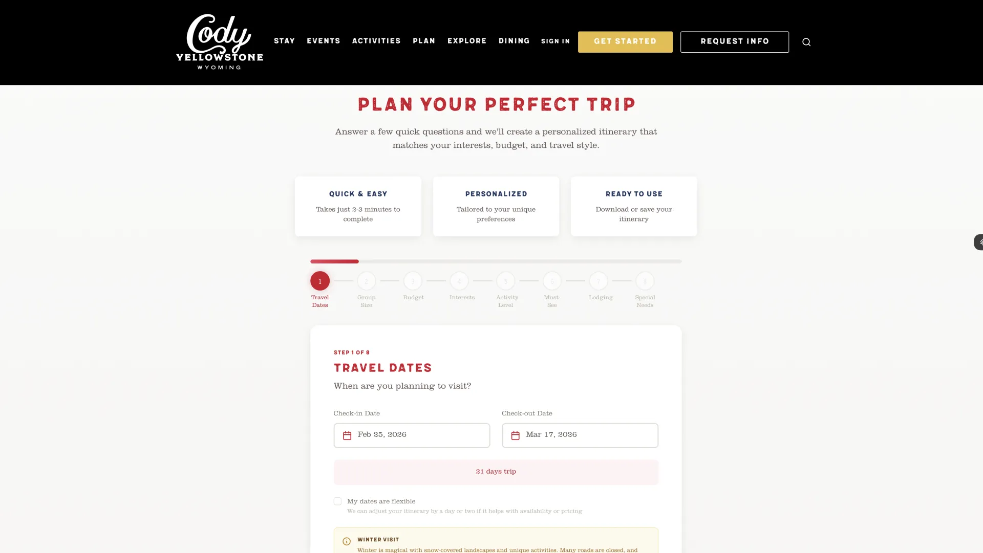 Cody Yellowstone trip planner quiz screen capturing travel dates