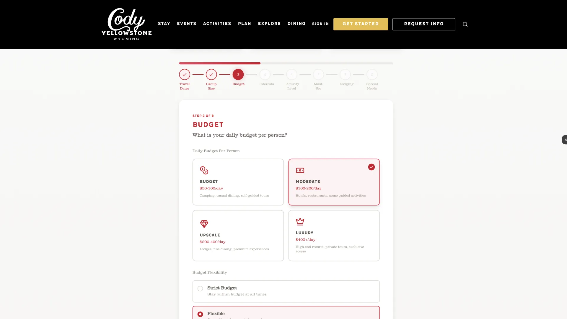 Cody Yellowstone quiz screen capturing traveler budget preferences