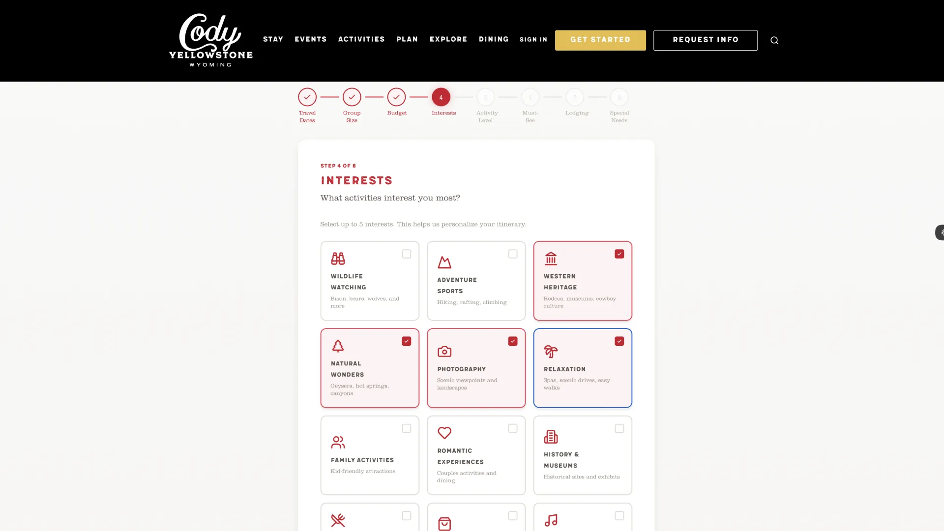 Cody Yellowstone quiz screen capturing traveler interests for personalized itinerary