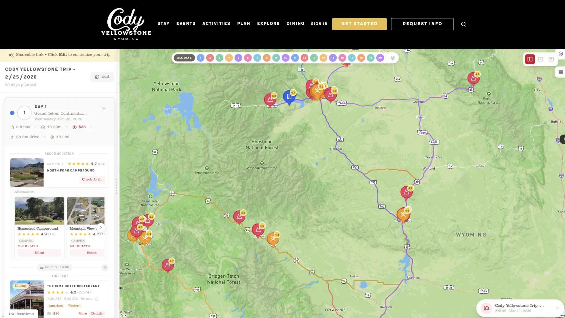 Cody Yellowstone AI-generated itinerary displayed on interactive Mapbox map