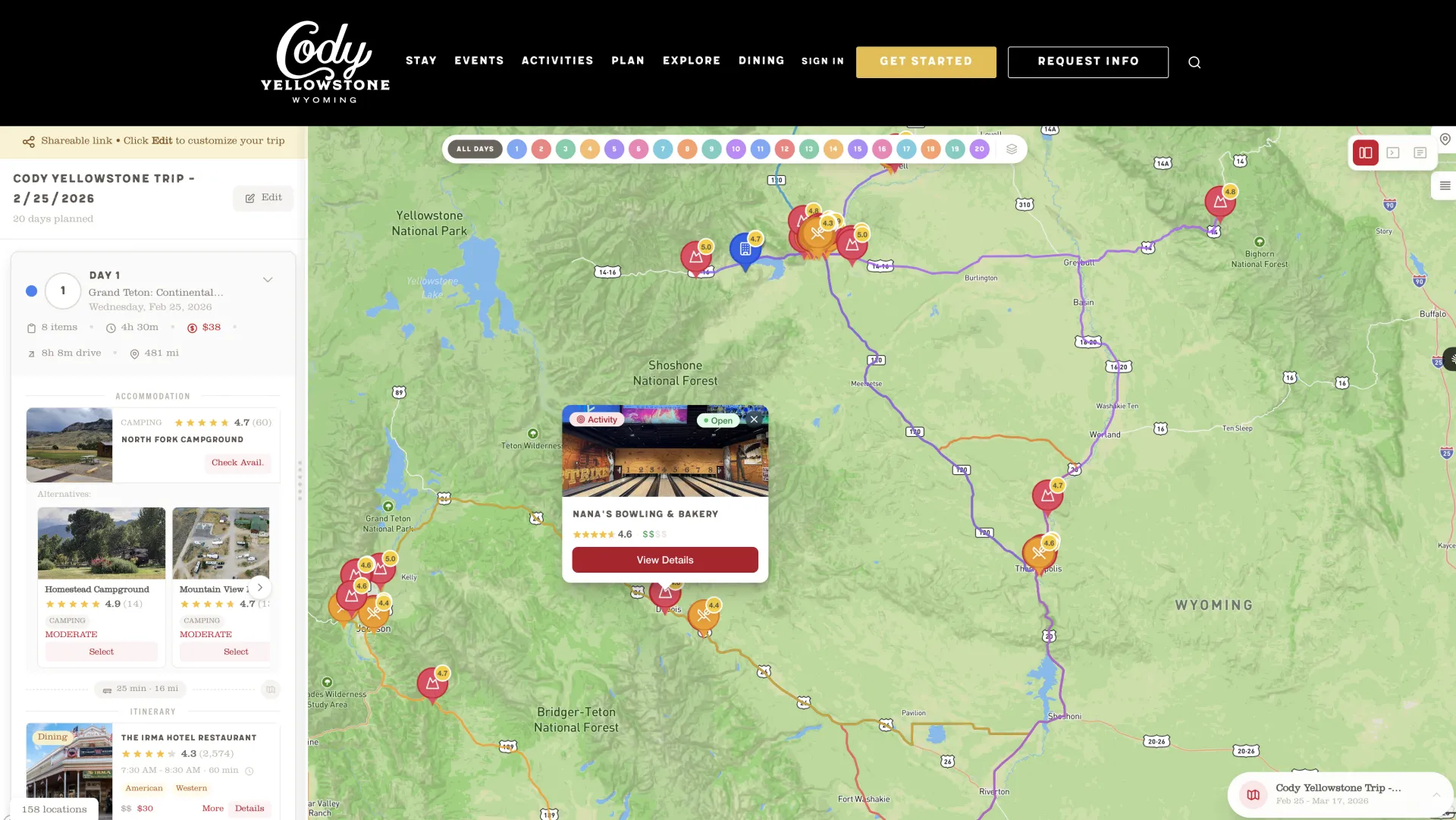Cody Yellowstone map popup showing details for a recommended Yellowstone stop
