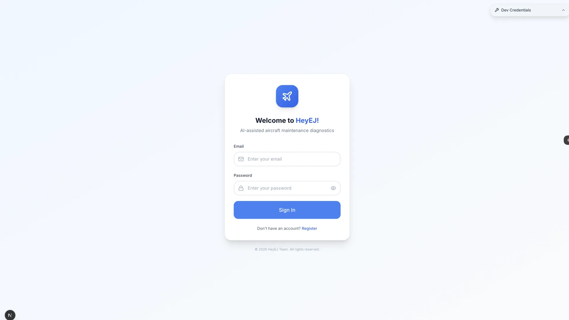 HeyEJ aviation diagnostics platform secure login with role-based access