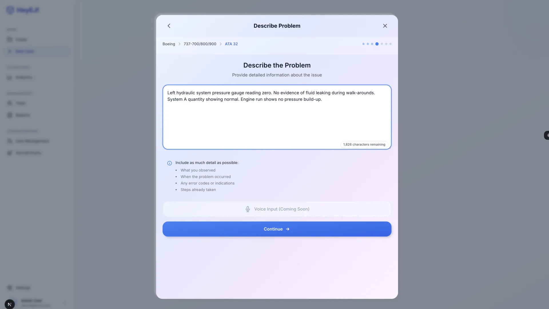 HeyEJ technician problem description interface for AI diagnostic intake