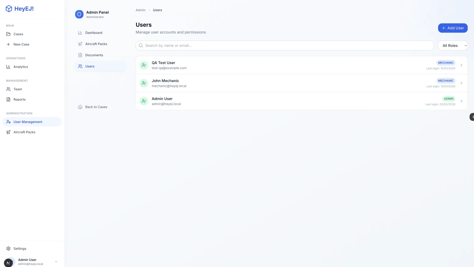 HeyEJ user management with role-based access for technicians and supervisors