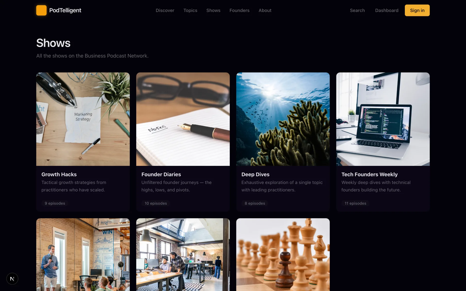 PodTelligent business podcast network — shows directory with cover art