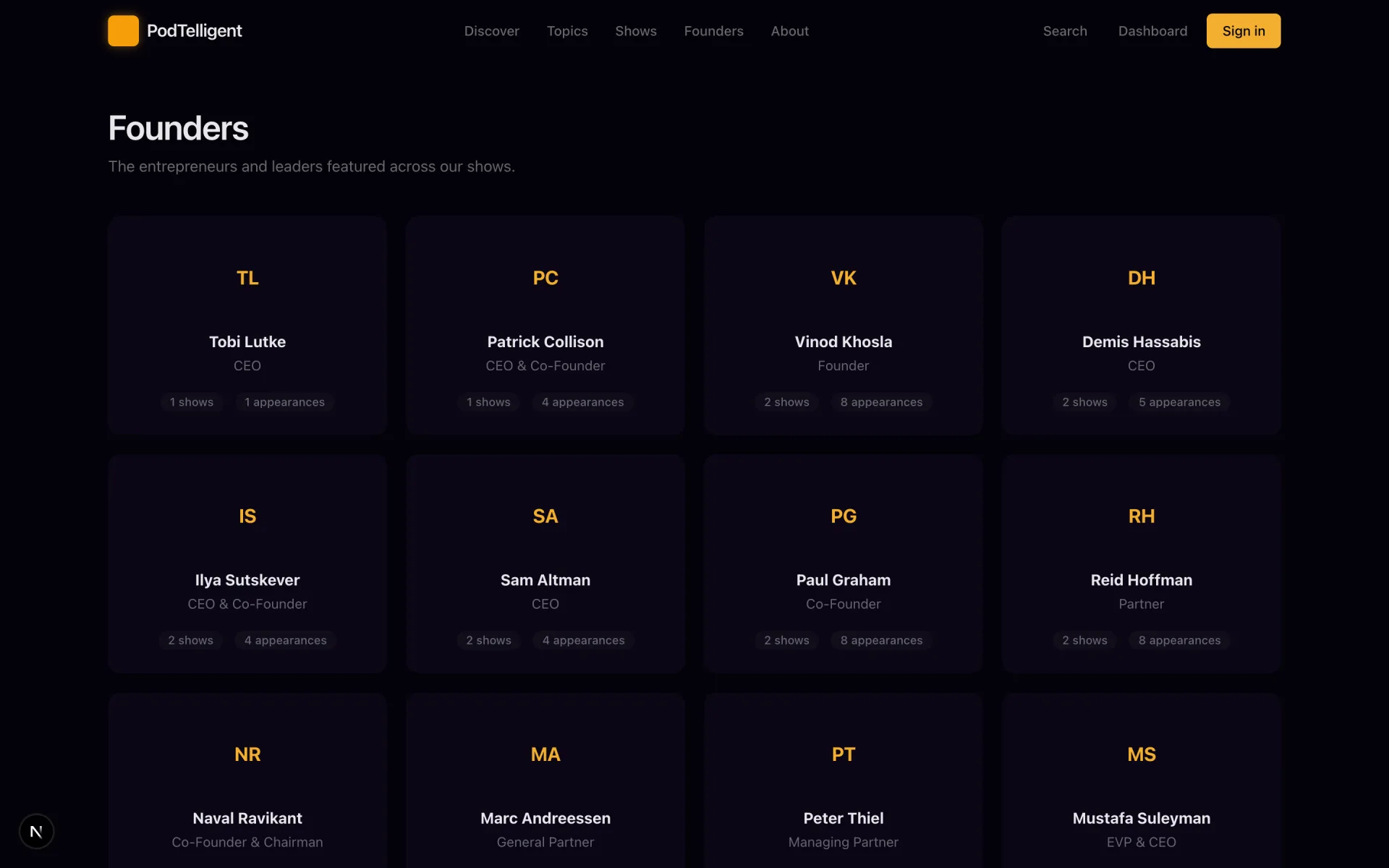 PodTelligent founders directory — entrepreneurs and leaders featured across shows