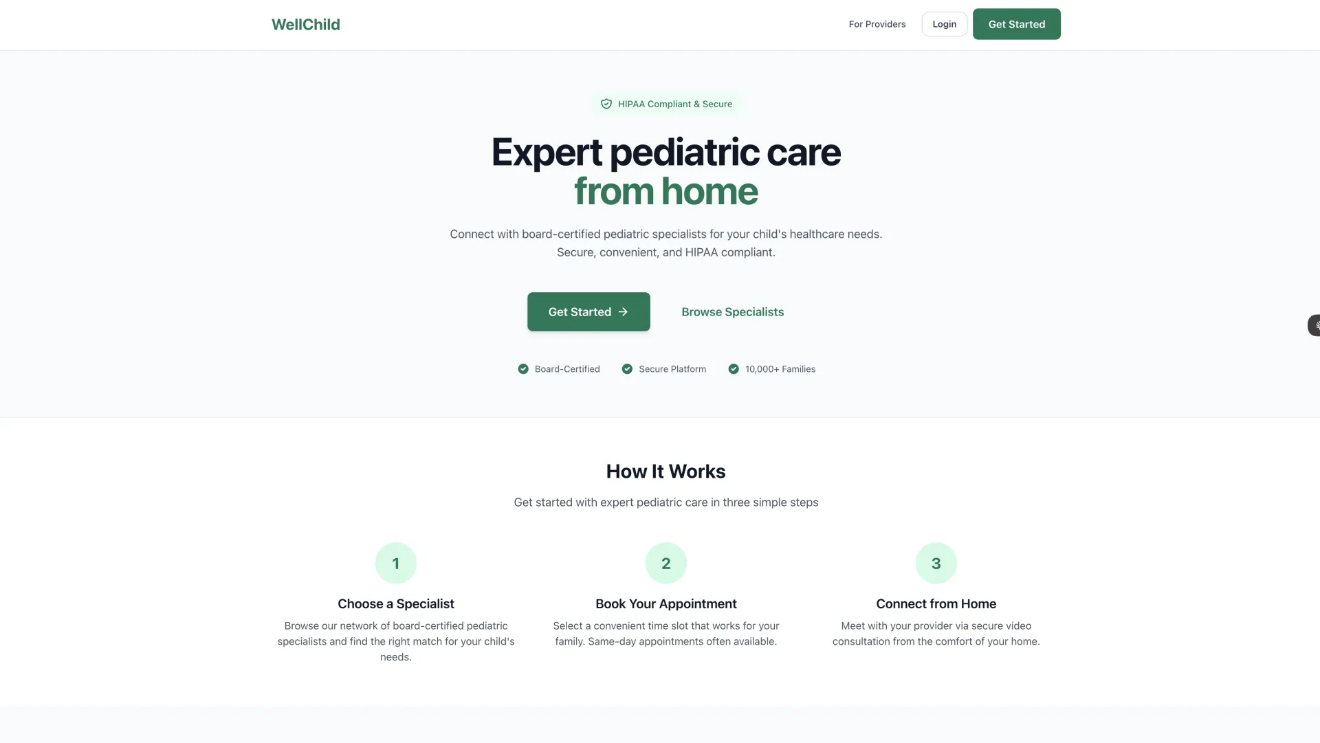 WellChild pediatric healthcare booking platform landing page