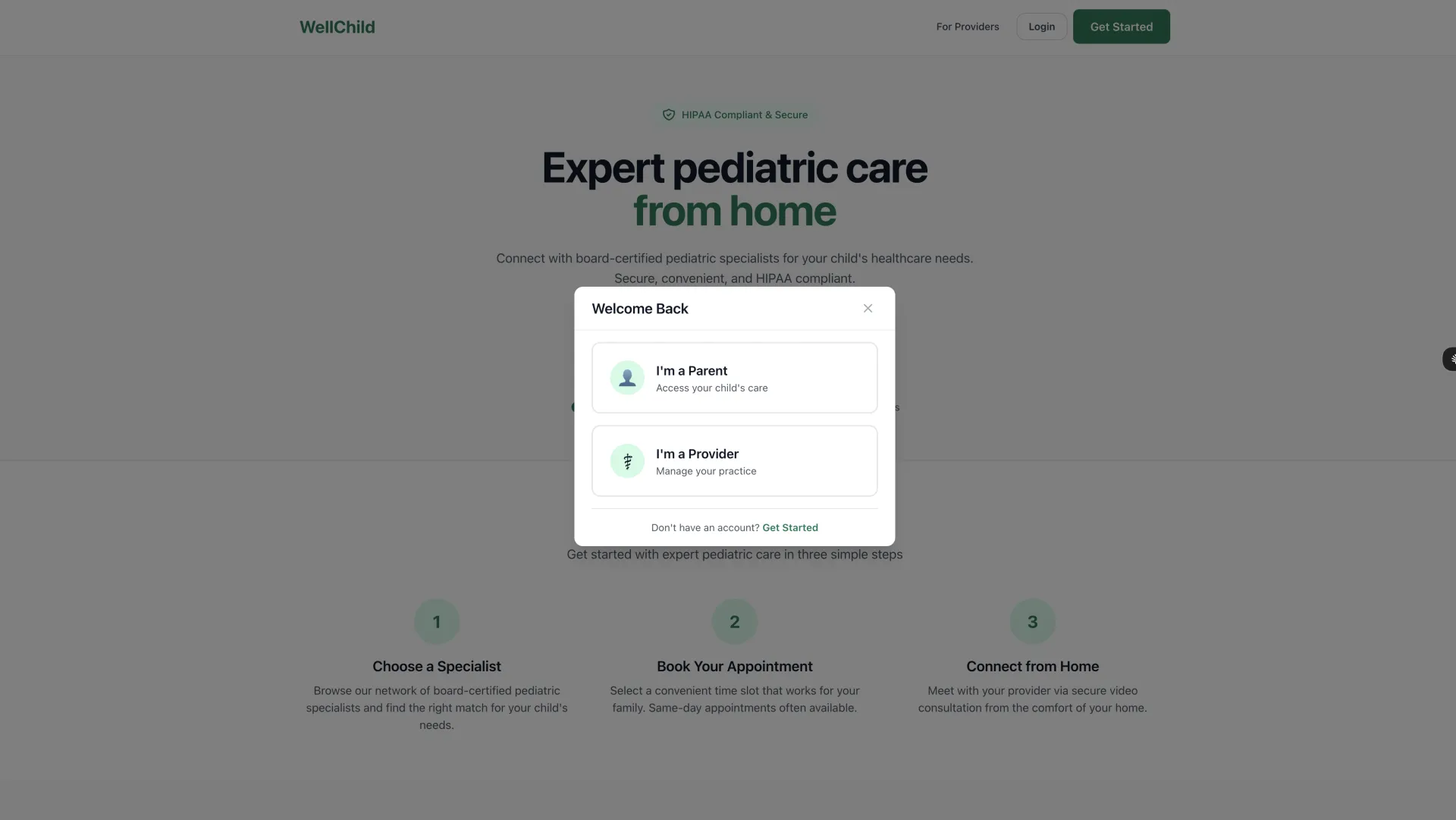 WellChild secure HIPAA-compliant patient login with role-based access