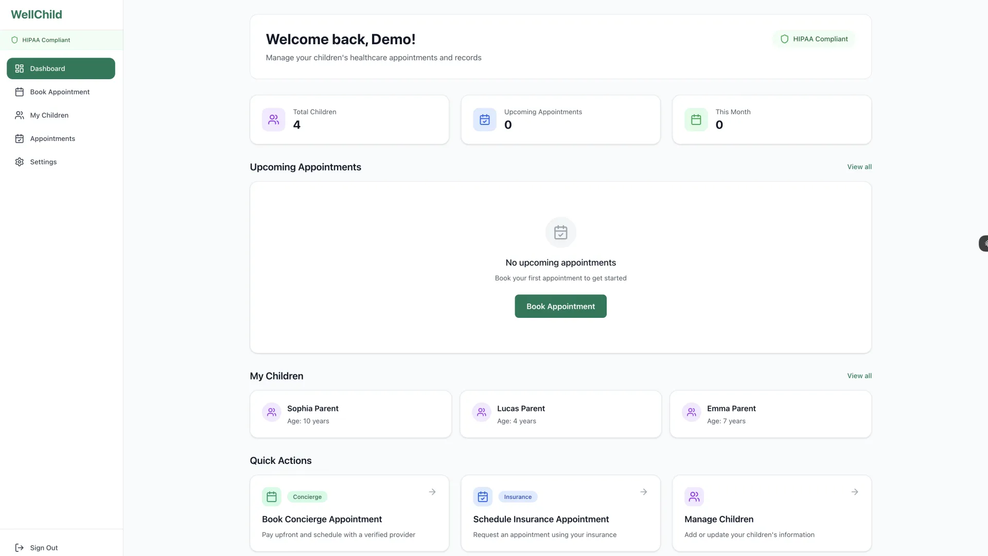 WellChild parent dashboard for managing pediatric appointments and child records