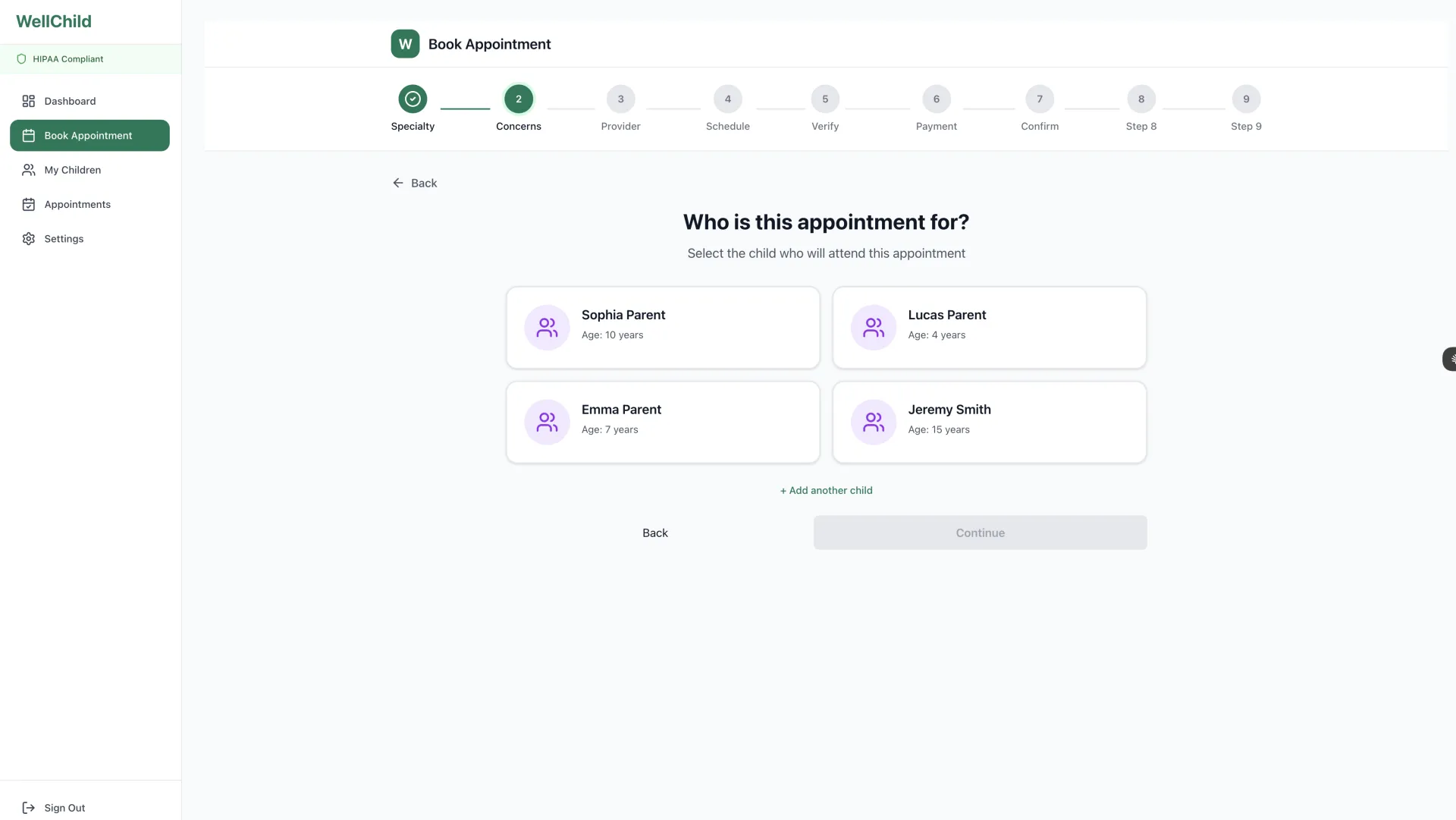 WellChild multi-child selection screen for pediatric appointment booking