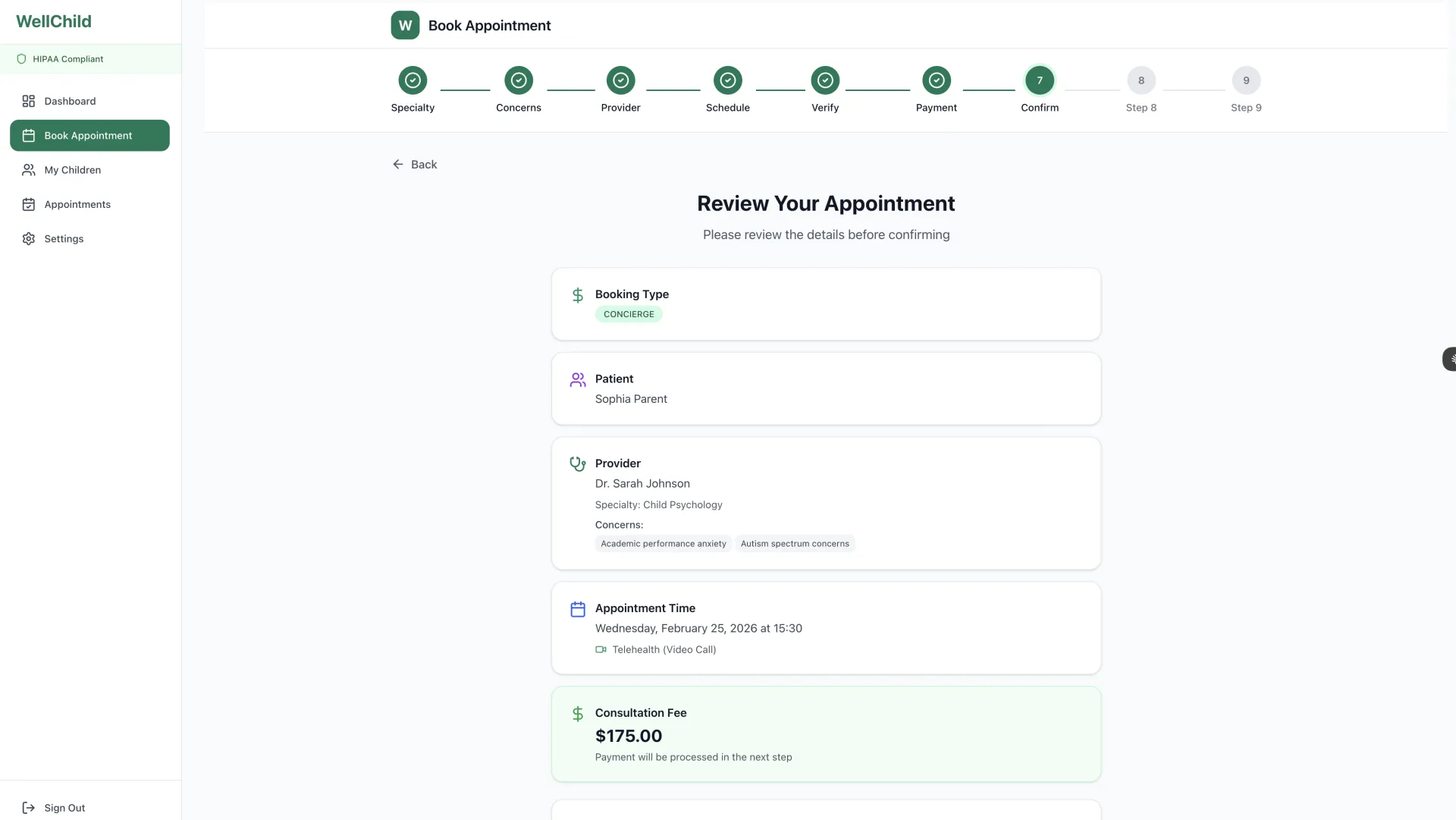 WellChild pediatric appointment booking confirmation with Stripe payment