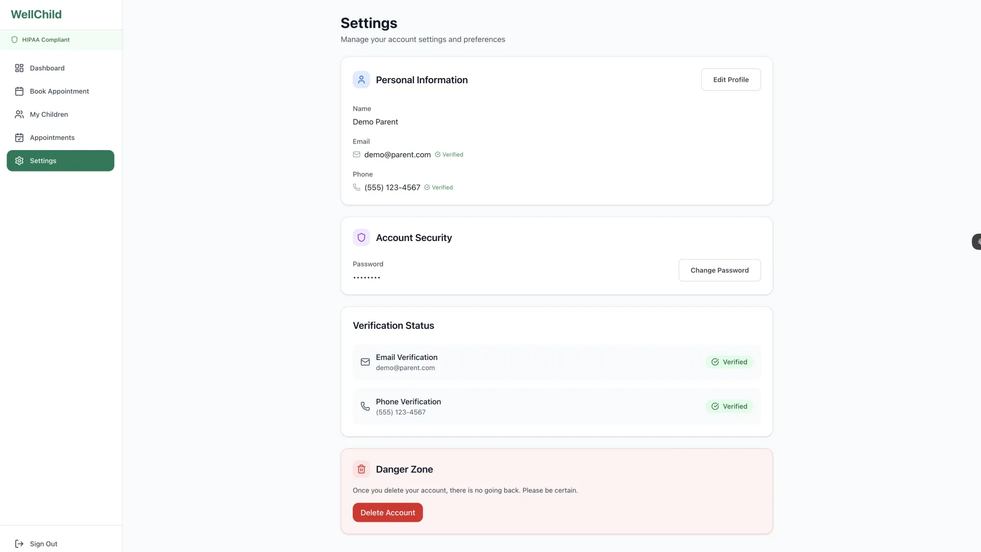 WellChild family account settings and insurance management
