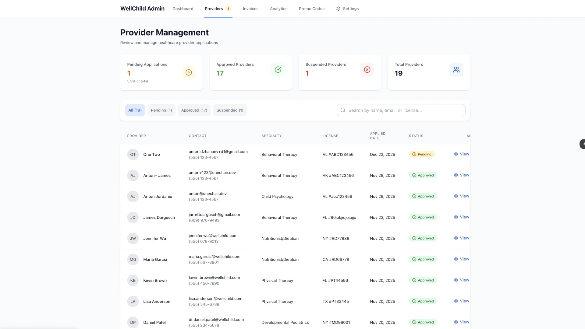 WellChild administrative provider management with license verification