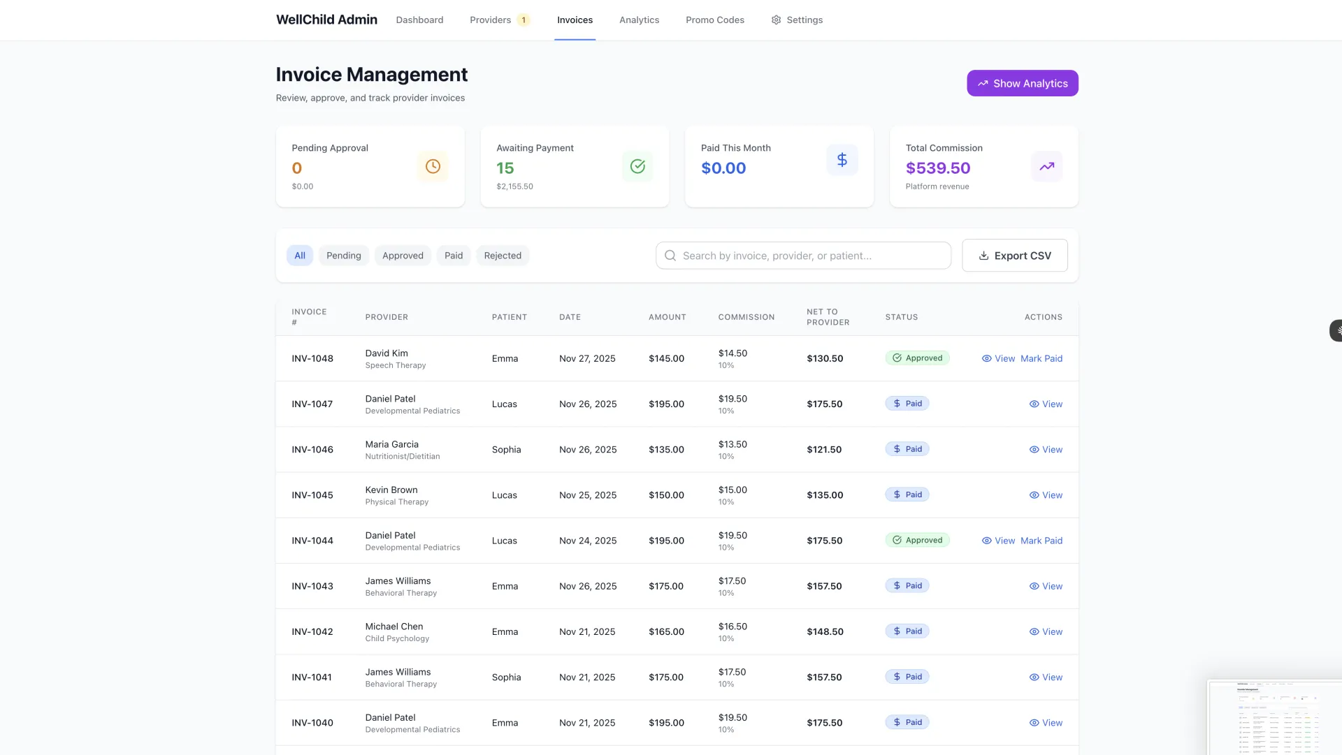 WellChild administrative invoice management and payment reconciliation